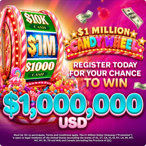 $1 Million Candy Wheel Giveaway with a candy-covered wheel and a chance to win $1,000,000 USD.