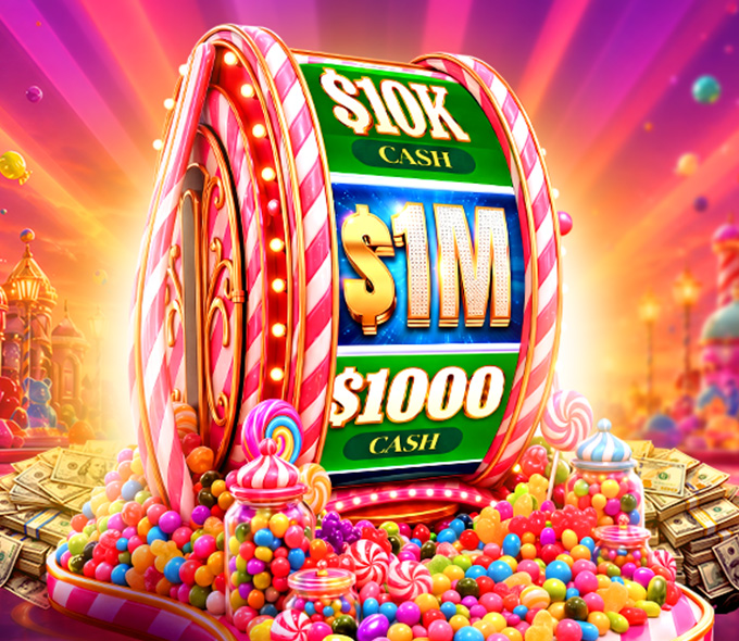 Candy-covered prize wheel showing million, ,000 and ,000 cash prize segments.