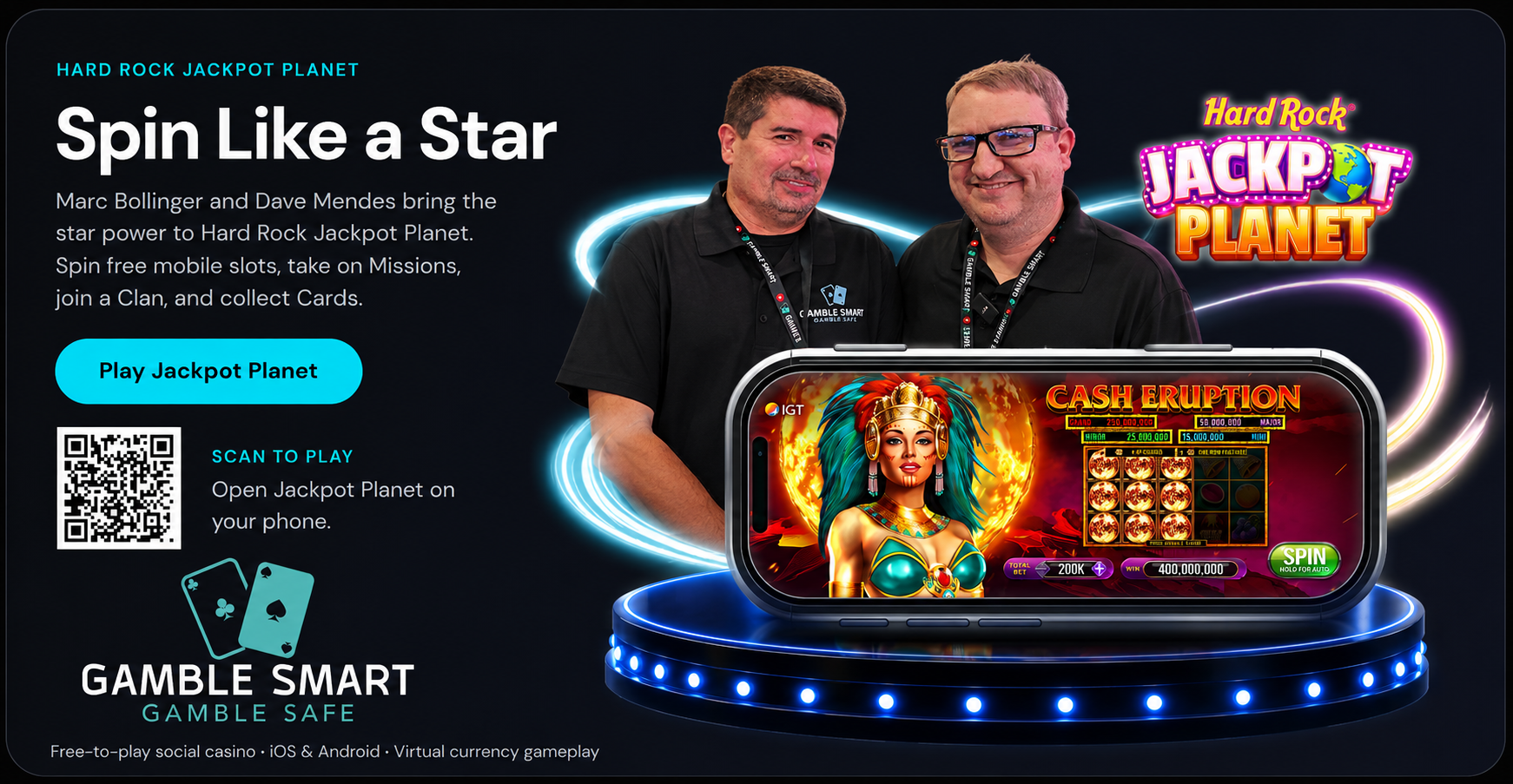 Marc Bollinger and Dave Mendes with Hard Rock Jackpot Planet and Cash Eruption gameplay