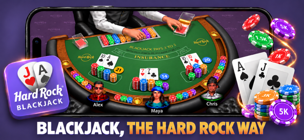 Hard Rock Blackjack table with players, the app icon, cards, and virtual chips. Blackjack, the Hard Rock way.
