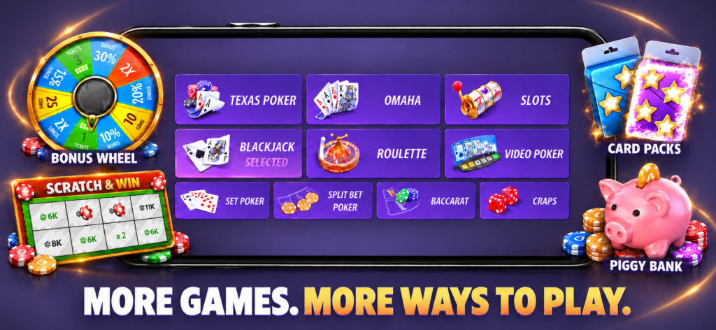 Casino game selector with Bonus Wheel, Scratch & Win, card packs, and Piggy Bank in Hard Rock Blackjack & Casino.
