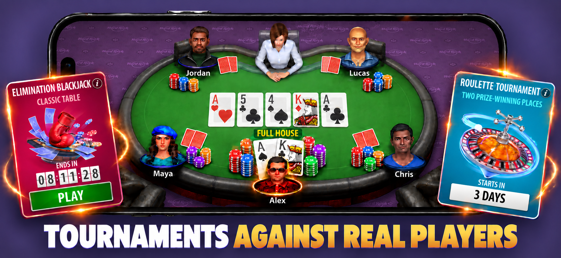 Poker table with Elimination Blackjack and Roulette tournament cards. Tournaments against real players.