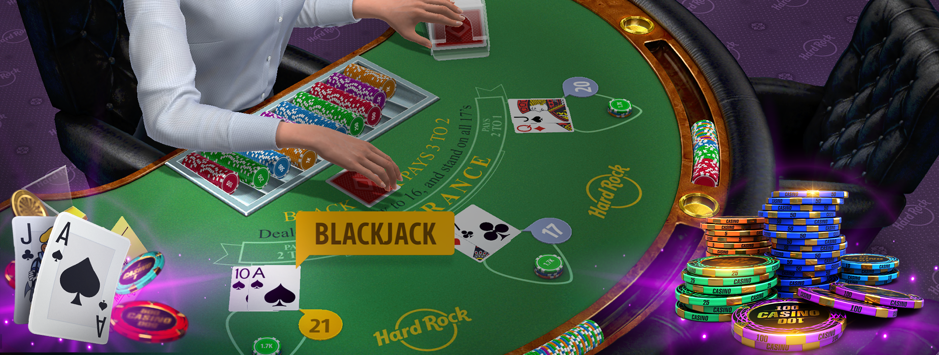 Hard Rock Blackjack & Casino table with a virtual dealer, playing cards, and virtual chips.