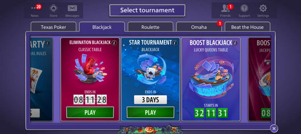 Elimination Blackjack, Star Tournament, and Boost Blackjack cards in the tournament selector.