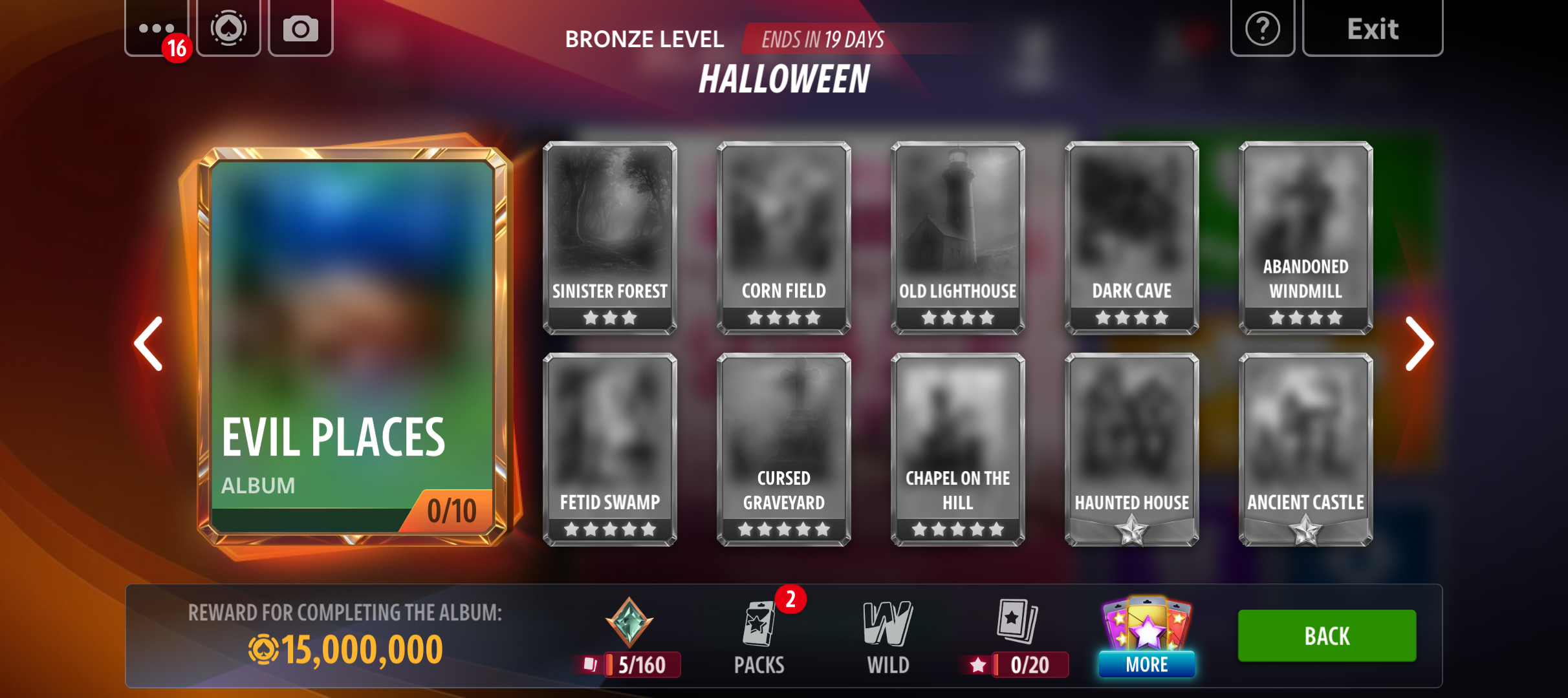 Themed collectible albums and card progress in Hard Rock Blackjack & Casino.