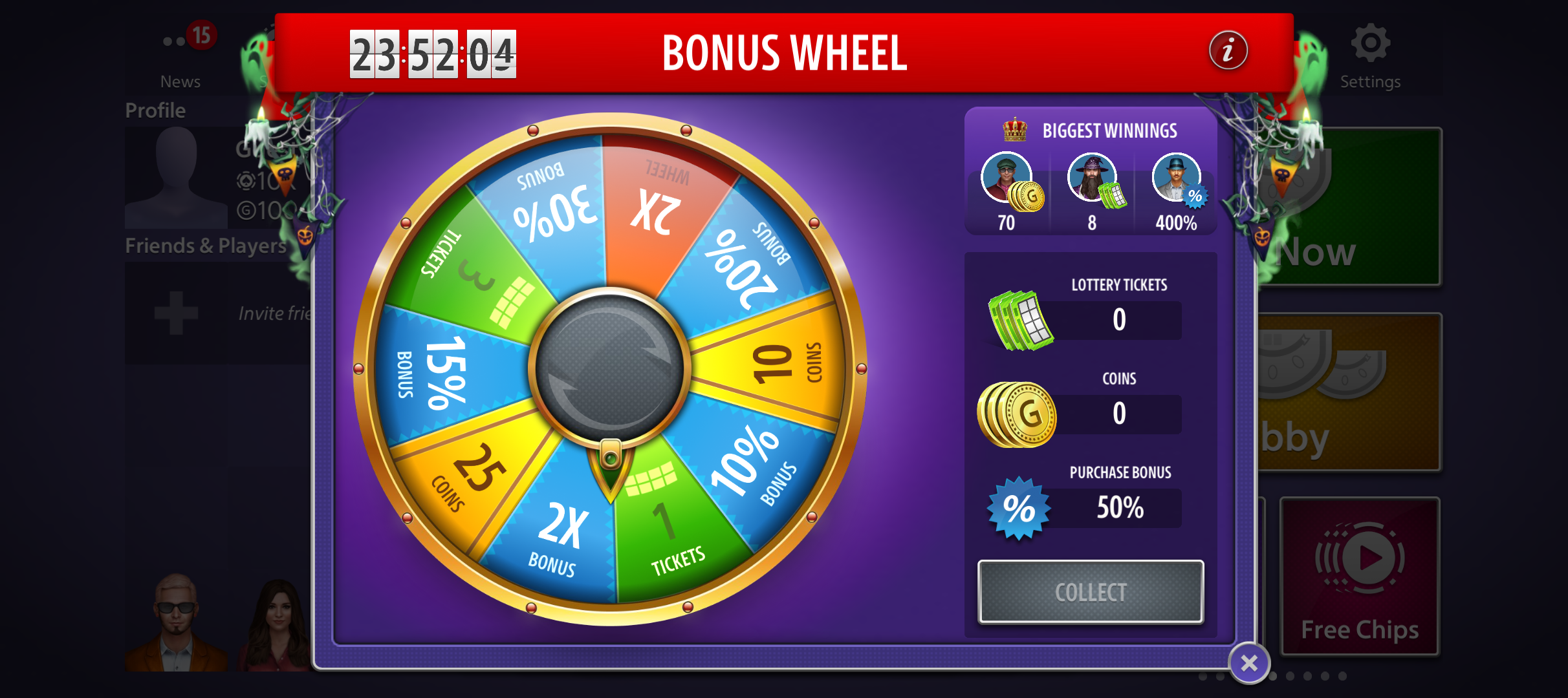 Bonus Wheel with in-game items and offer options in Hard Rock Blackjack & Casino.