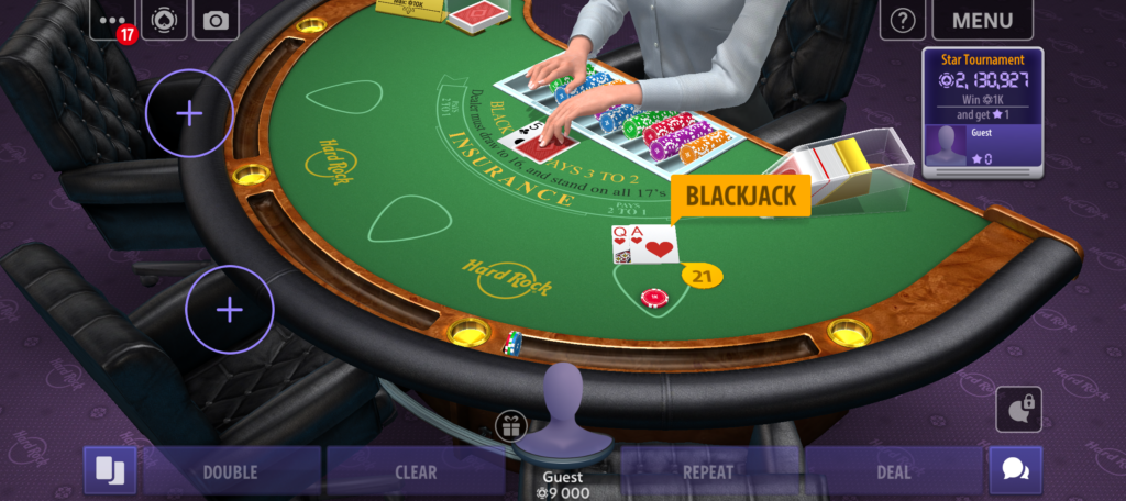 Blackjack table showing a two-card 21 in Hard Rock Blackjack & Casino.