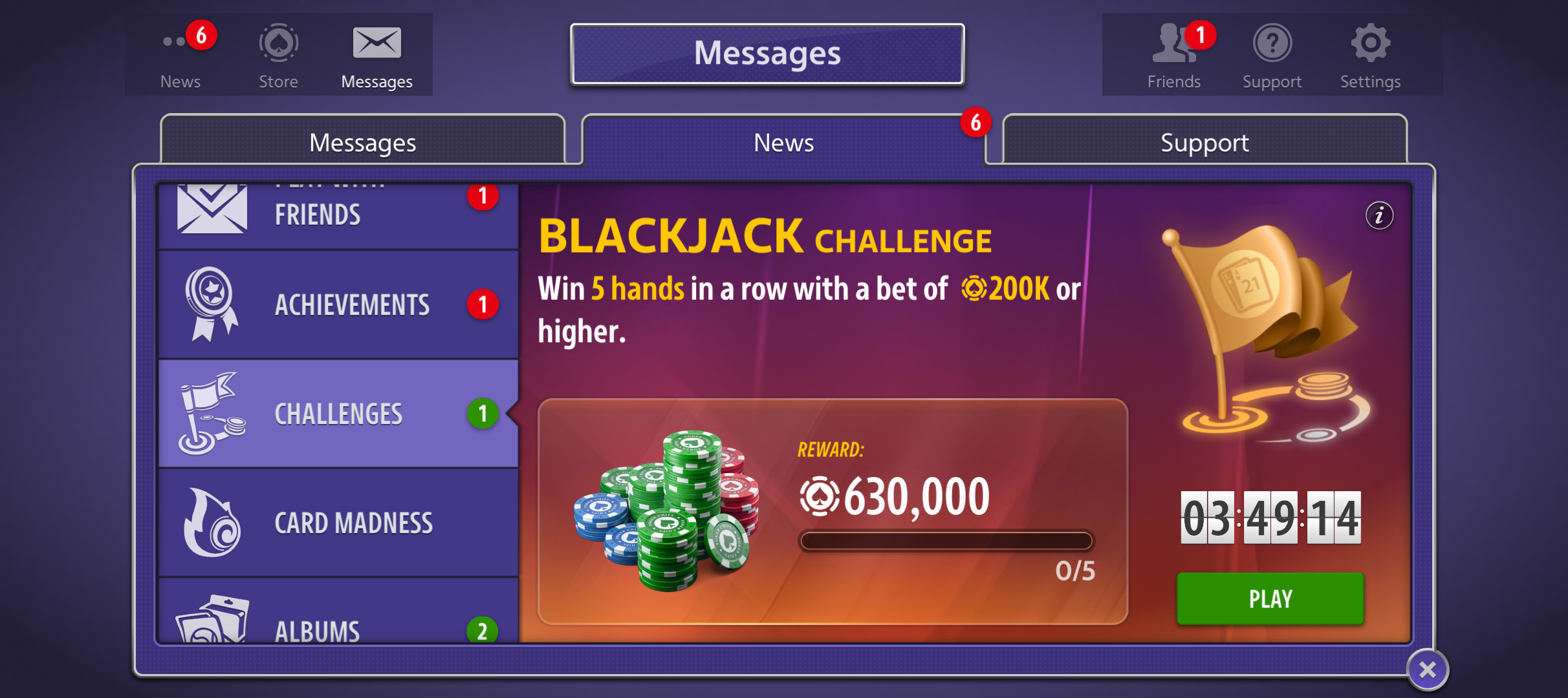 Blackjack Challenge progress and a virtual-chip reward in Hard Rock Blackjack & Casino.