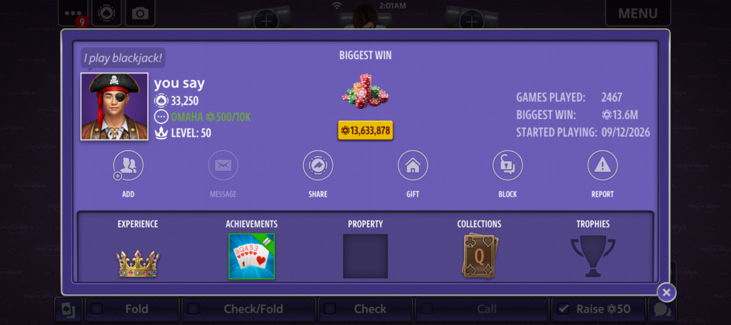 Player profile and friend controls in Hard Rock Blackjack & Casino.