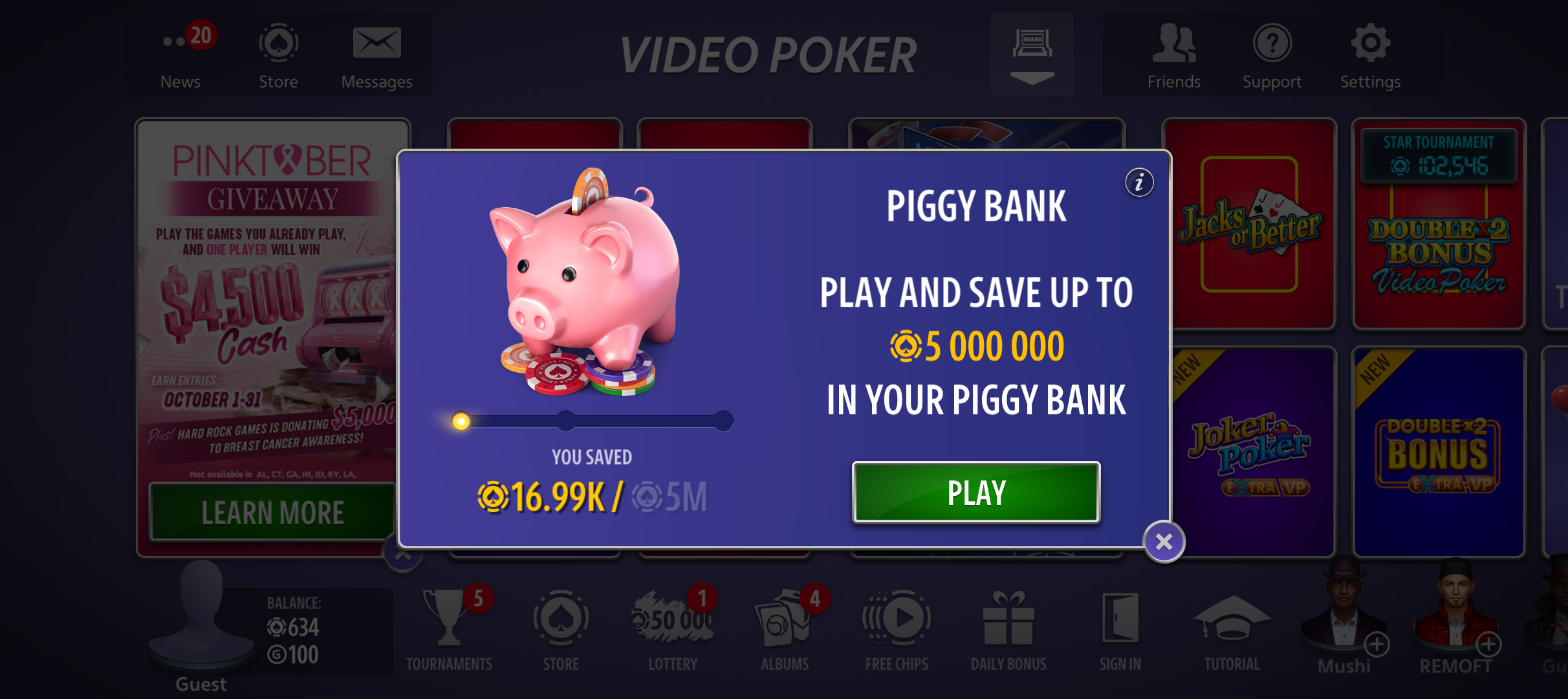 Piggy Bank progress and a virtual-chip offer in Hard Rock Blackjack & Casino.