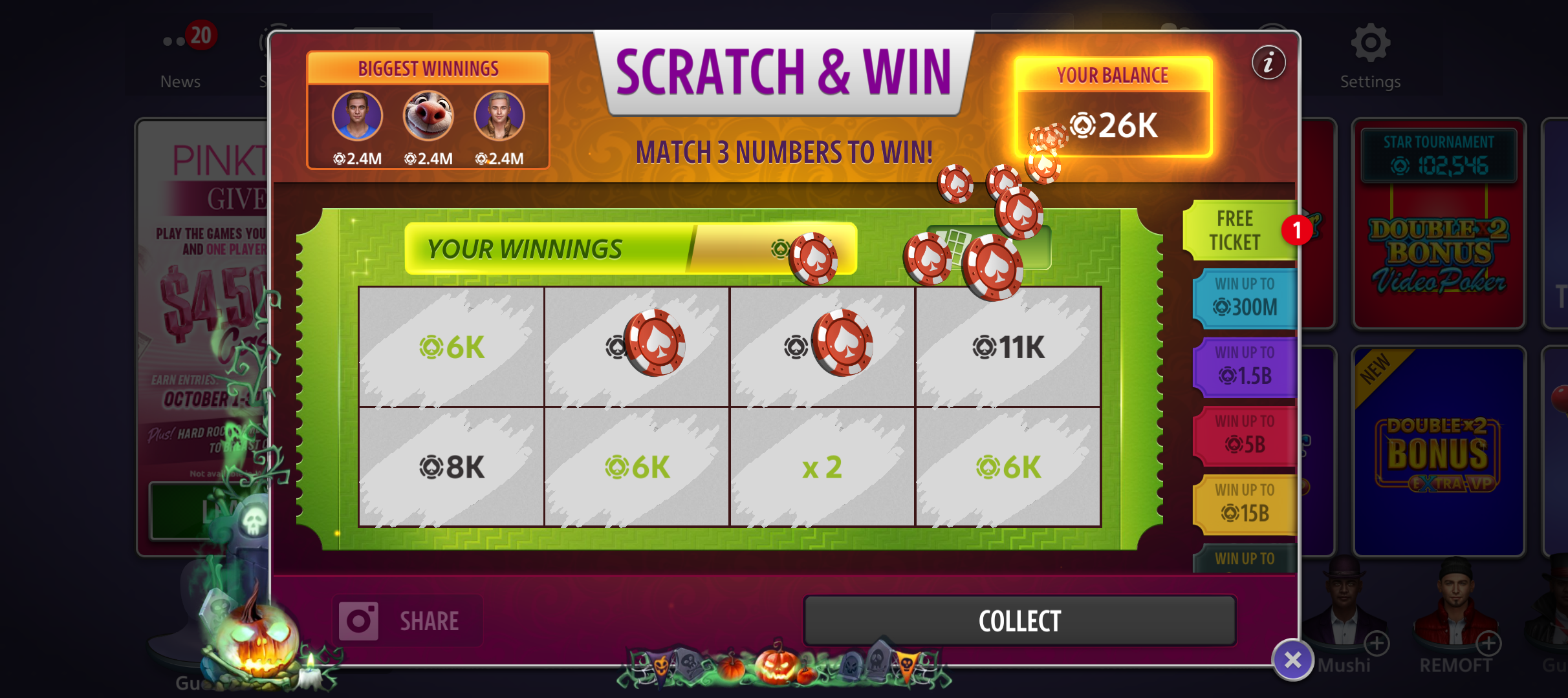 Scratch ticket revealing matching numbers and virtual-chip amounts in Hard Rock Blackjack & Casino.