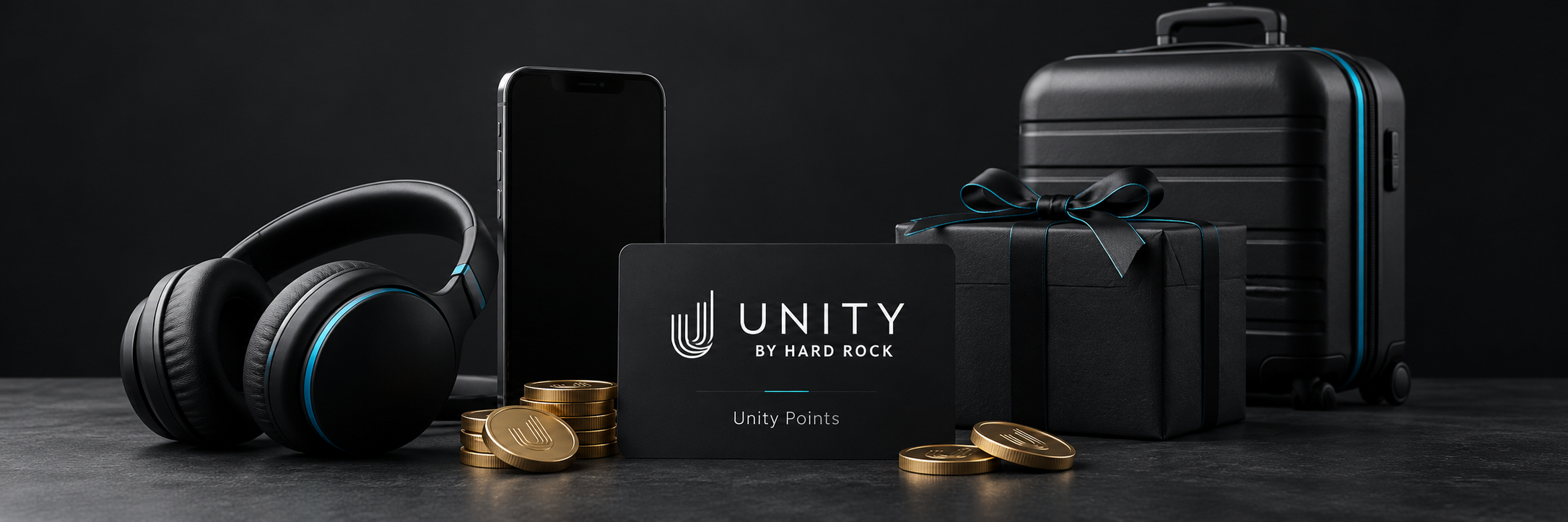 Illustrative giveaway prize collection with a Unity Points card, headphones, smartphone, gift box, suitcase, and coins.