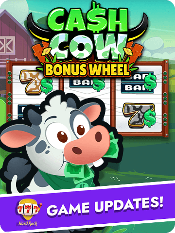 Cash Cow Bonus Wheel artwork with a cartoon cow, dollar symbols, and slot reels