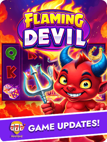 Flaming Devil artwork with a red devil, blue horns, a trident, and fiery slot reels